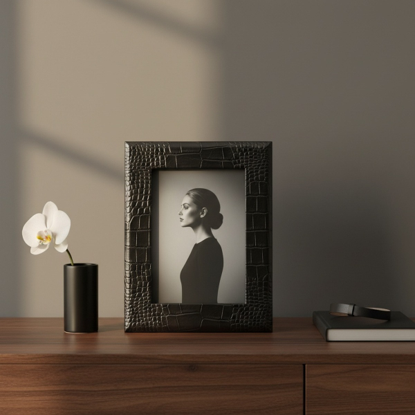 Lionetti Bilderrahmen Francesco schwarz Croco-Leder auf Walnussholz-Sideboard mit elegantem Portrait und Orchidee