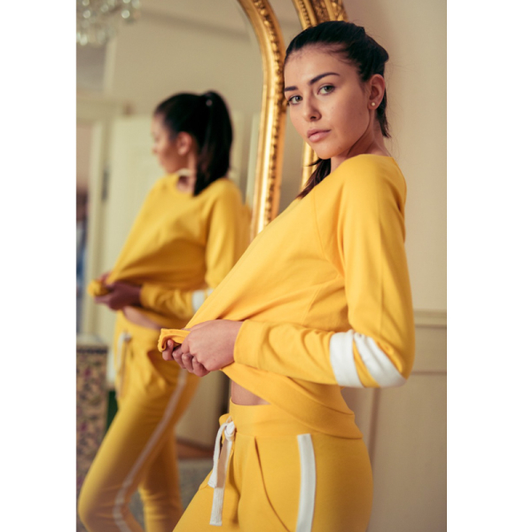 Louis&Louisa, Lounge Hose, weiß e Seitenstreifen, gelb,  Streifen,  Loungewear, Glücksmomente, style