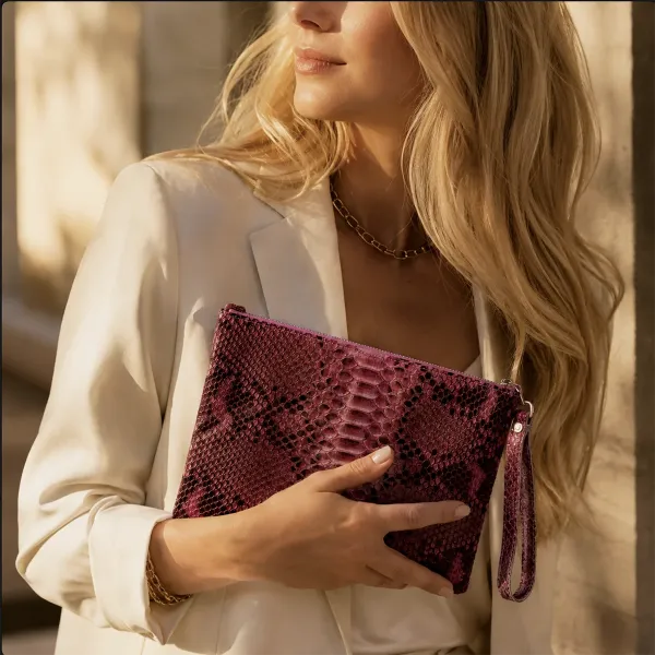 Natacha Clutch DIANE Schlangenleder rosa, am Model getragen, KI-Visualisierung