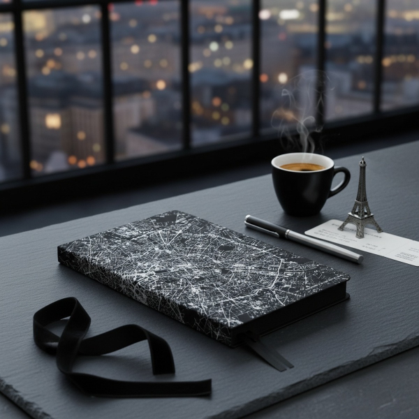 Nuuna Notizbuch A5 NIGHTFLIGHT PARIS schwarz mit silberner Paris-Satellitenkarte auf dunklem Schieferdesk mit Espresso, Eiffelturm-Miniatur und Boarding-Pass im urbanen Nacht-Loft
