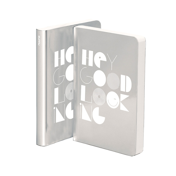 Nuuna •  Graphic Metallic M Notizbuch Kupfer soft cover bedruckt mit Motiv weiß, detail.  hey goodlooking