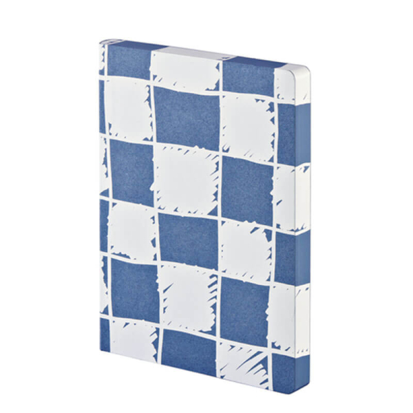 Nuuna, Notizbuch,Flex-Cover aus recyceltem Leder Seiten Punktraster, blau und weiss, bedruckt hangezeichnete Karos