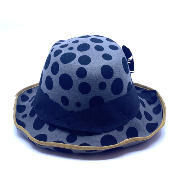 Paulssen Ellen Hat Goldegg felt grey Print Dots schwarz, grosgrain ribbon black Feather black gold, siede