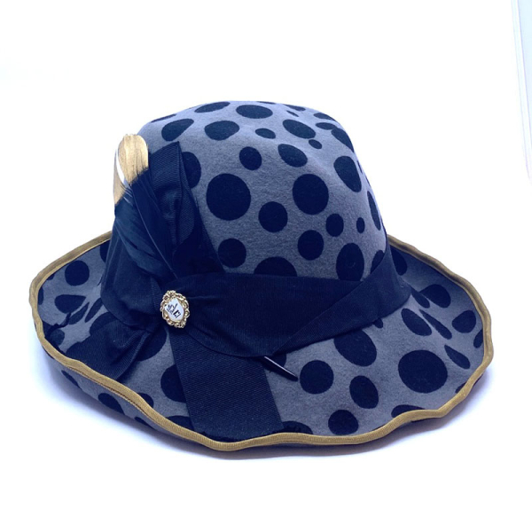 Paulssen Ellen Hat Goldegg felt greyPrint Dots schwarz, grosgrain ribbon black Feather black gold