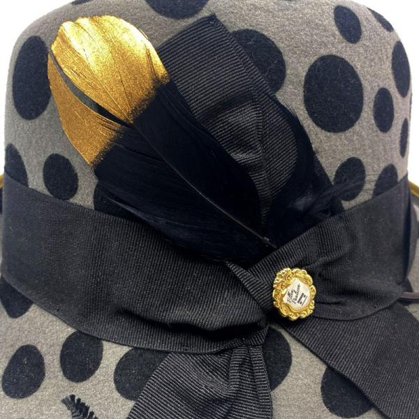 Paulssen Ellen Hat Goldegg felt gey Print Dots black, grosgrain ribbon black Feather black gold