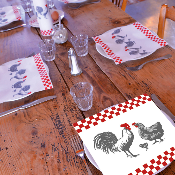 Paviot, Serviette, poulailler, Hahn und Henne, rot, weiß, grau, style