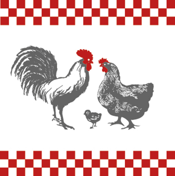 Paviot, Serviette, poulailler, Hahn und Henne, rot, weiß, grau