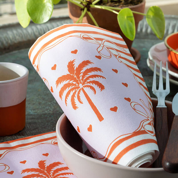 Paviot, Serviette, Sunset bedruckt mit Palme und Herzen, Streifen in orange, style2