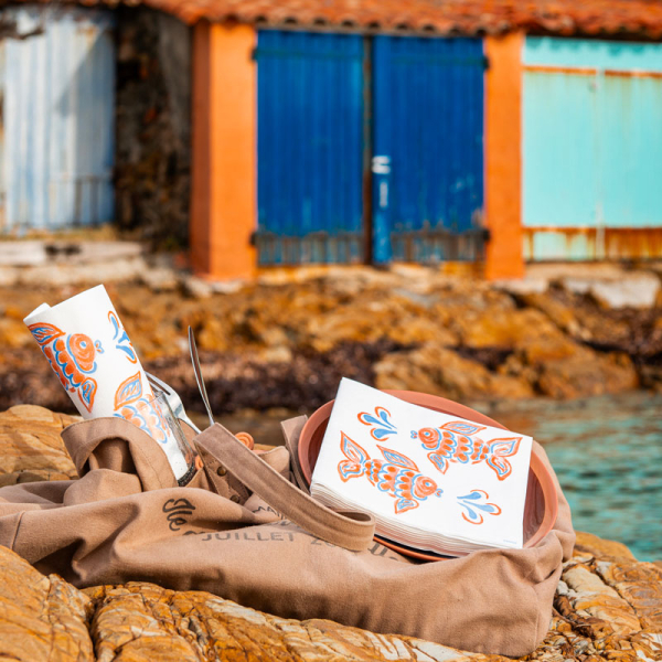 Paviot, Napkin, Poisson ange, blue-orange, fish, style