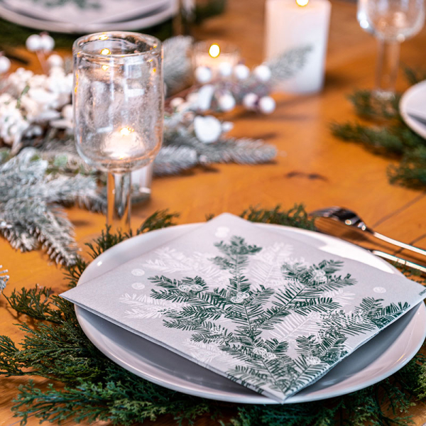 Paviot napkin frosted branch, branche givree white-silver-green, style