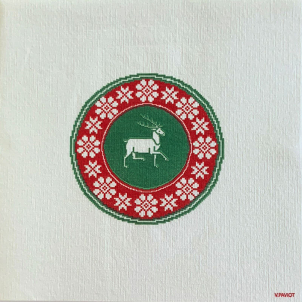 Paviot Servietten Cerf Brodé, red, green with white deer,