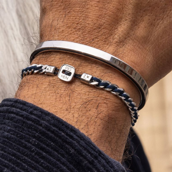 Pig&Hen, Armband Catena Curb, Segeltau navy blau, Verschluß silber, style