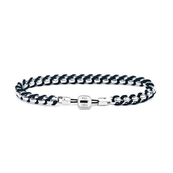 Pig& Hen, bracelet Catena Venetian, navy-silver, braided nylon, closure button, front, navy | silver