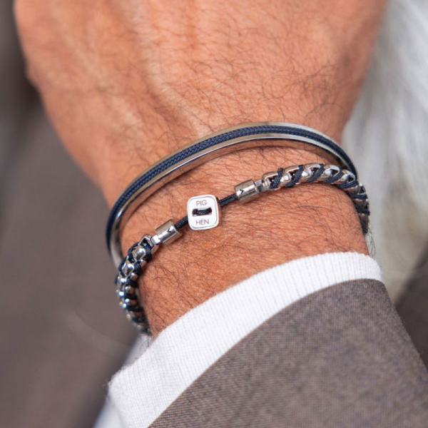 Pig& Hen, bracelet Catena Venetian, navy-silver, braided nylon, closure button, front, navy | silver style