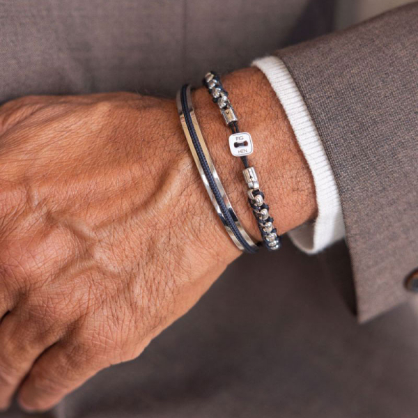 Pig& Hen, bracelet Catena Venetian, navy-silver, braided nylon, closure button, front, navy | silver. style