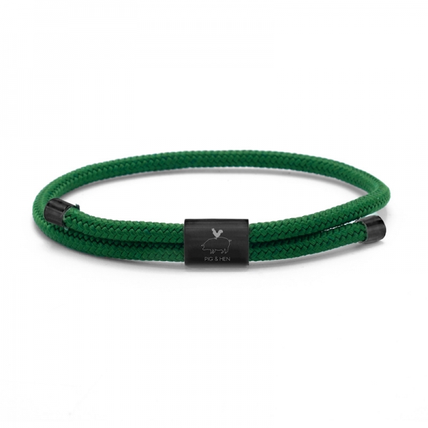 Pig& Hen, bracelet Little Lewis jungle green,, braided nylon, closure shackle, front, black-black