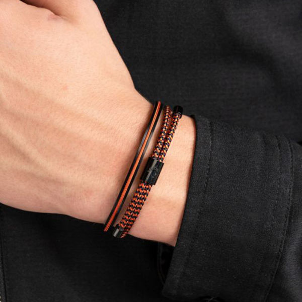 Pig& Hen, bracelet Little Lewis navy marble orange, braided nylon, closure shackle, front, black-black, style Navarch