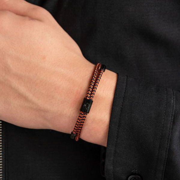Pig& Hen, bracelet Little Lewis navy marble orange, braided nylon, closure shackle, front, army-black, style solo