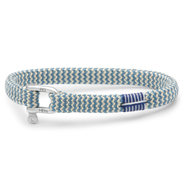 Pig& Hen, bracelet Vicious Vik ivory-pigeon blue/silver, braided nylon, closure shackle, front