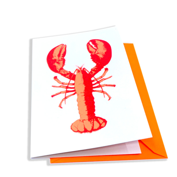 Pink Stories • Grußkarte Lobster, Neon Siebdruck, Farbe weiss, Druck rot orange, mit Umschlag