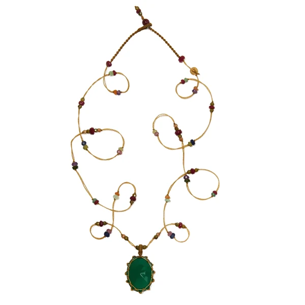 Lange Sharing Bijoux Tibet Halskette mit grünem Onyx und farbigen Steinperlen