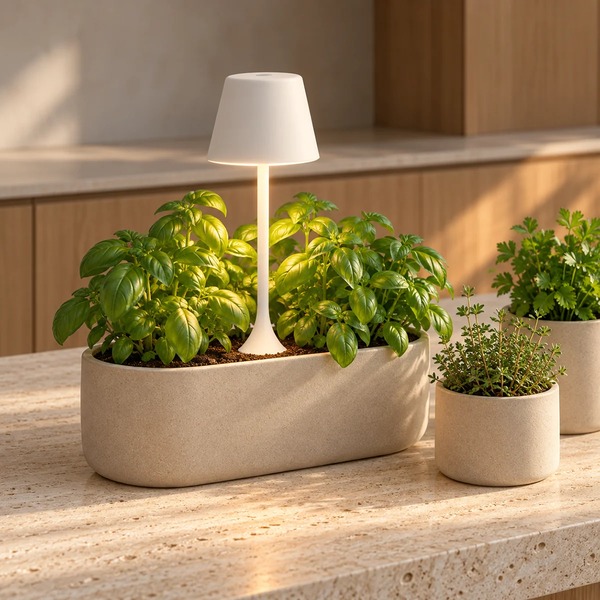White Sompex PEEKY plant light illuminating fresh basil on a kitchen island, background AI visualisation
