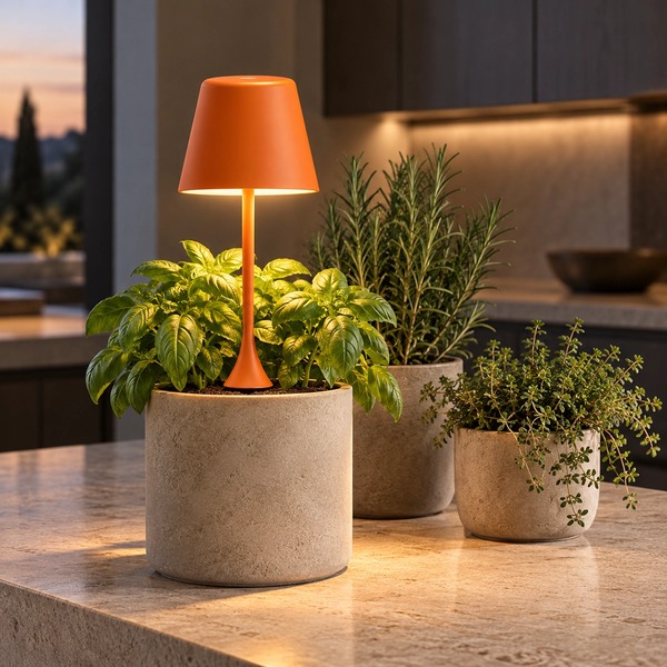 Sompex PEEKY orange plant lamp among basil and rosemary in an AI-generated kitchen setting