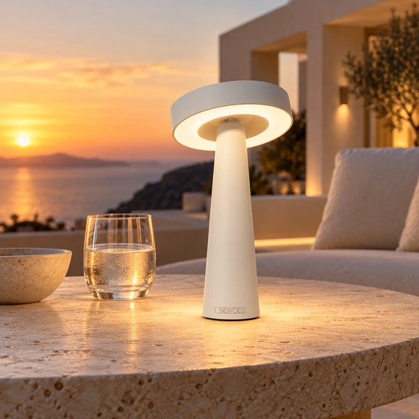 Weiße NEWDES TIP von Sompex mit leuchtendem LED-Ring auf einer Terrasse bei Sonnenuntergang, KI-gestaltete Umgebung