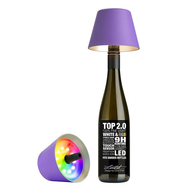 Sompex TOP 2.0 Akku-Flaschenleuchte Flieder auf grüner Glasflasche mit separater Ansicht der RGBW-LED-Unterseite
