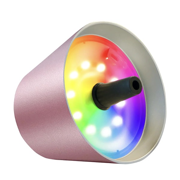 Unterseite der Sompex TOP 2.0 Pink Metallic mit mehrfarbigem RGBW-LED-Ring und schwarzem Silikonstopfen