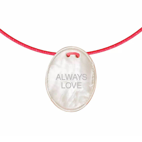 Sorbet Island necklace, Mother of Pearl, Pendant Cord neon red, Wording Always love, pendant