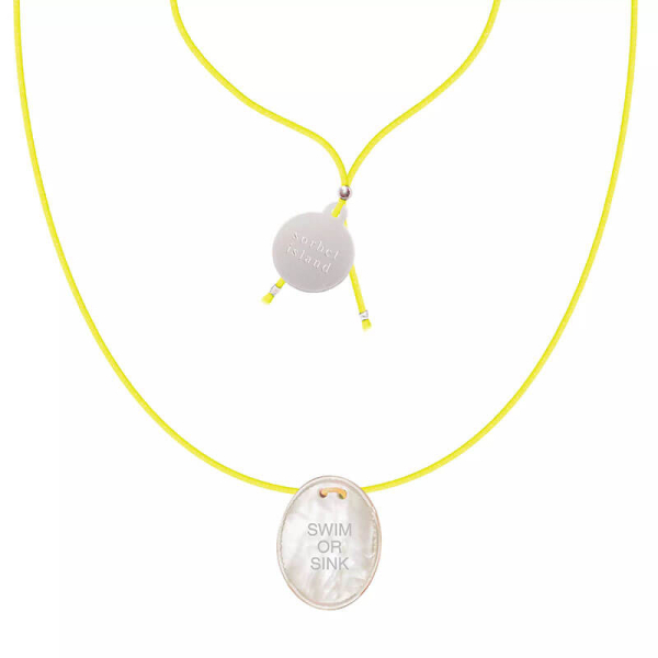 Sorbet Island necklace, Mother of Pearl, Pendant Cord neon yellow, Wording SWIM OR SINK