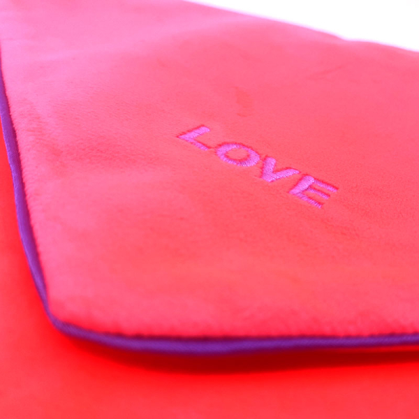 Sorbet Island, Velvet Envelope Bag, Clutch coral, embroidery violet LOVE, detail