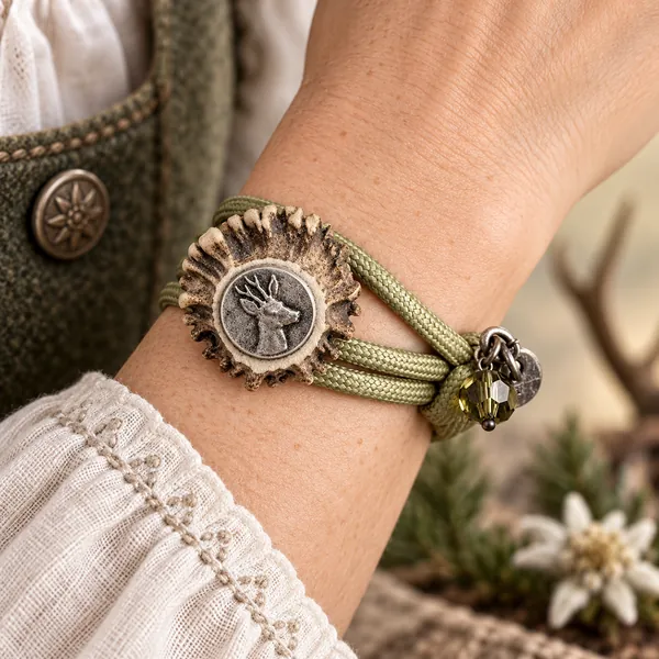 S Punkt Spangemacher Rehrose Armband grün getragen im modernen Trachtenlook, style, Hintergrund KI-Visualisierung