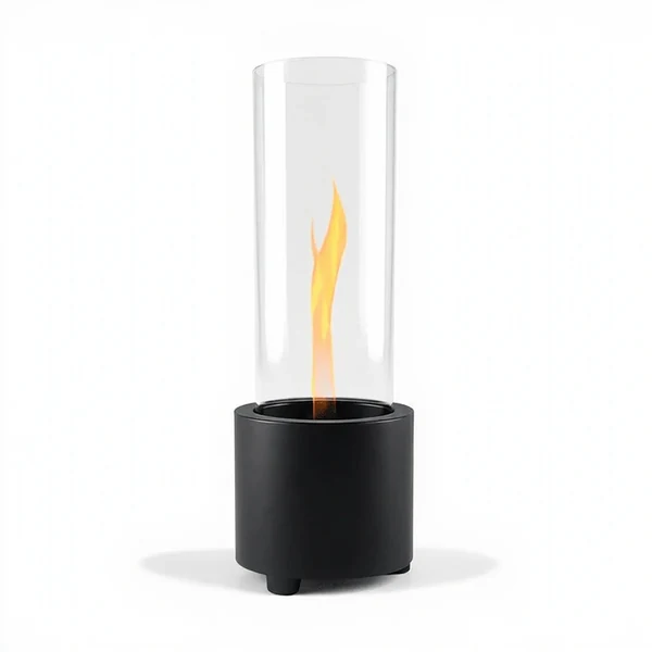 Tenderflame Cycloflame Table Black Ceramic tabletop fireplace with black ceramic base, clear glass cylinder and swirling flame