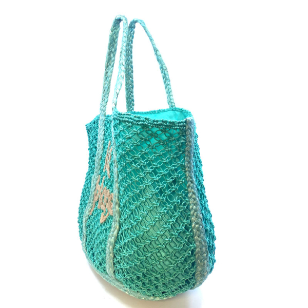 Tote Bag, Vimoda, La Plage, turquoise, Jute, Stitching la plage, side
