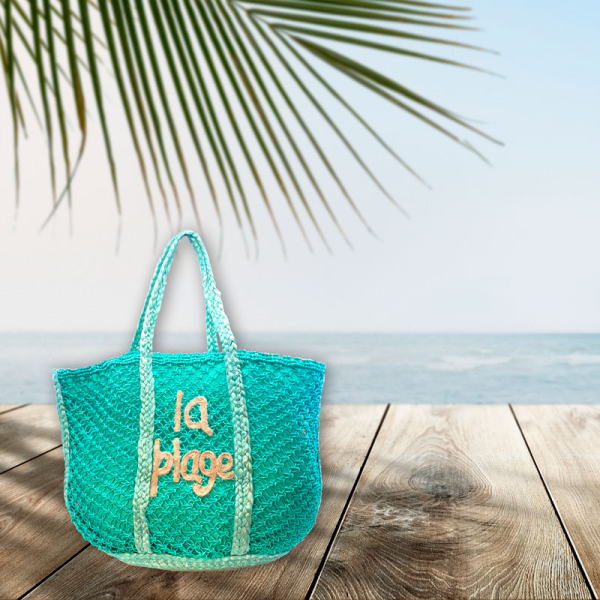 Tote Bag, Vimoda, La Plage, turquoise, Jute, Stitching la olage, style