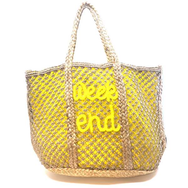 Tote bag, Weekend,gelb, Jute beige, Word Weekend appliziert, front
