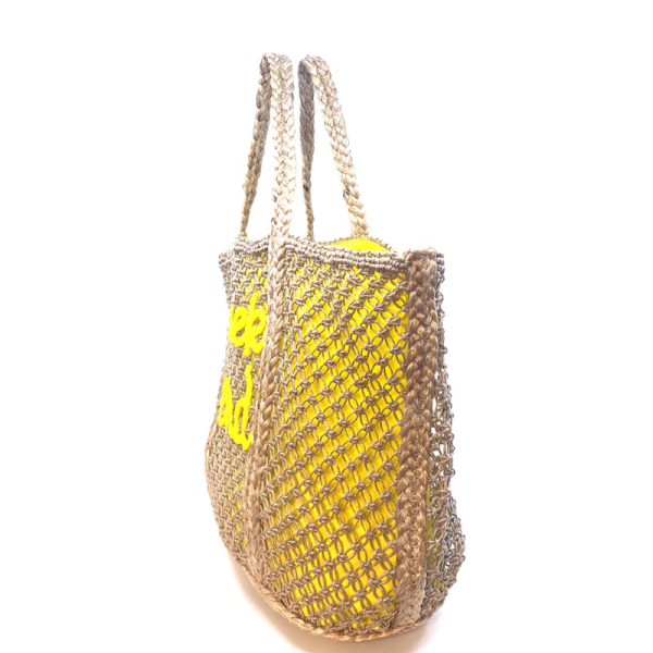 Tote bag, Weekend,gelb, Jute beige, Word Weekend appliziert,seitlich