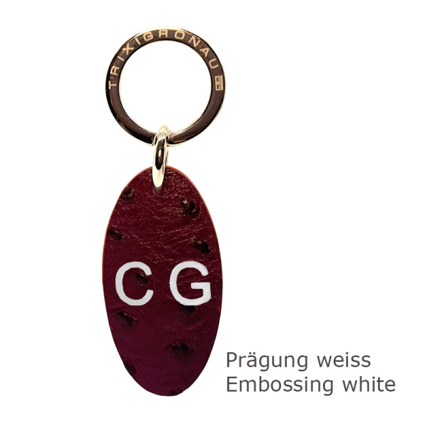Trixi Gronau leather key fob Urbany Ostrich aubergine, embossing white