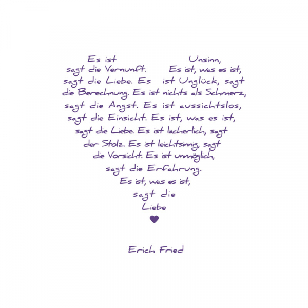 Bild auf Leinwand Liebesgedicht weiss, Druck violett, Frontansicht