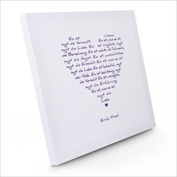 Bild auf Leinwand Liebesgedicht weiss, druck  violett, Seitenansicht