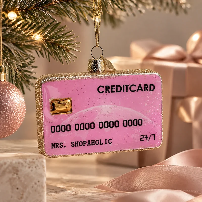 Vondels pinkfarbene Kreditkarte als Weihnachtsbaumschmuck an einem Tannenzweig