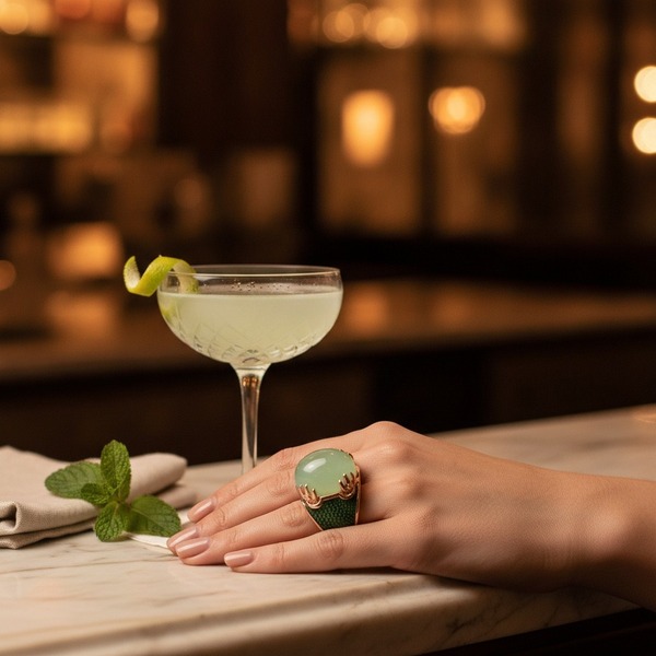 a cuckoo moment DAIQUIRI Cocktailring gruen mit grossem ovalem blass-jadegruenem Cabochon-Stein in Rosé-Gold-Krappenfassung und gruenem Lederband. Getragen am Mittelfinger einer eleganten Hand neben einem kristallenen Daiquiri-Cocktail mit Lime-Twist und 