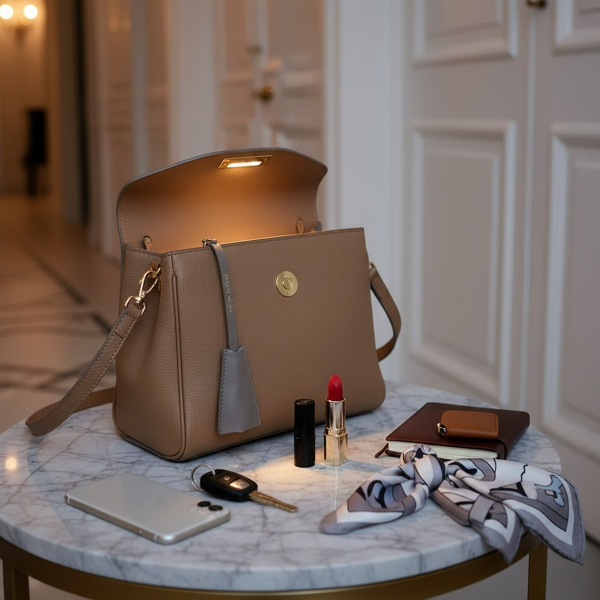 Atelier Baltus LIGHTY handbag light soft taupe-grey leather with warmly glowing LED, clipped to inside edge of half-open camel leather handbag on cool grey marble side table, lipstick, small leather notebook, car keys on leather fob, folded silk scarf in 