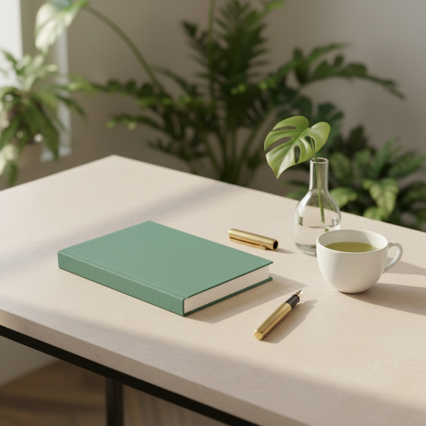 Trixi Gronau MAZZI A5 notebook Kanuba green on pale stone desk with monstera leaf and green tea