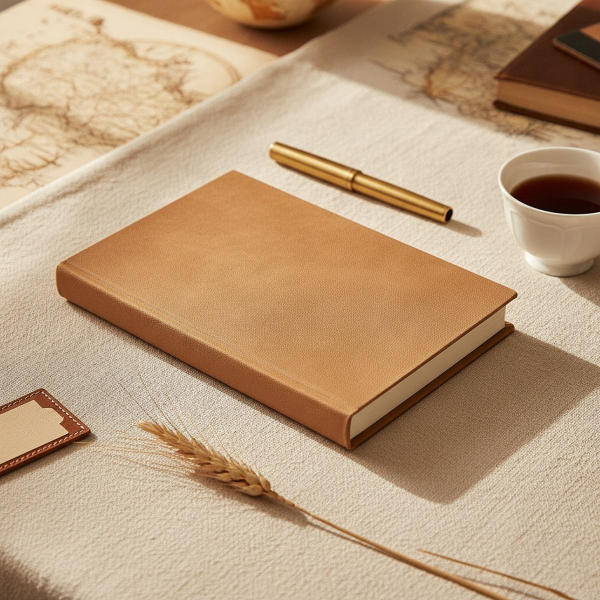 Trixi Gronau MAZZI A5 notebook Kanuba camel on linen tablecloth with brass pen, black tea and leather travel tag