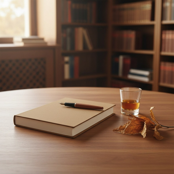 Trixi Gronau MAZZI A5 Notizbuch Kanuba tabac auf Walnuss-Bibliotheksschreibtisch mit Whiskey und Tabakblättern