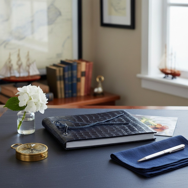 Trixi Gronau CALLA A5 photo album navy marine blue Dakar crocodile embossed leather with black leather cord binding, pasted travel photographs peeking out from behind on dark slate desk with hydrangea, brass compass and navy linen napkin in maritime study