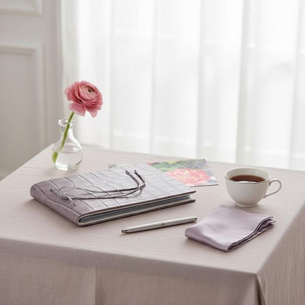 Trixi Gronau CALLA Fotoalbum A5 mauve-flieder Dakar Krokoprägung mit Lederkordel-Bindung, eingeklebte Blumen-Fotos schauen hinten heraus auf blush-grauem Leinen mit Ranunkel, Teetasse, Silberstift und lila Seidentuch im hellen Boudoir